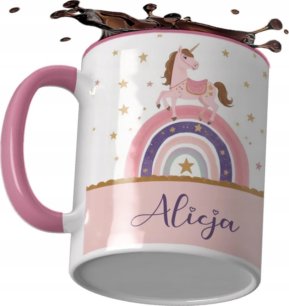 Rózsaszín bögre gyereknapra születésnapra lányának unikornissal Név