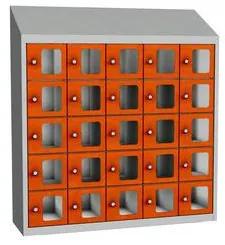 Olaf hegesztett szekrény személyes tárgyakra áttetsző ajtóval, 25 box, elfordítható zár, szürke/narancssárga