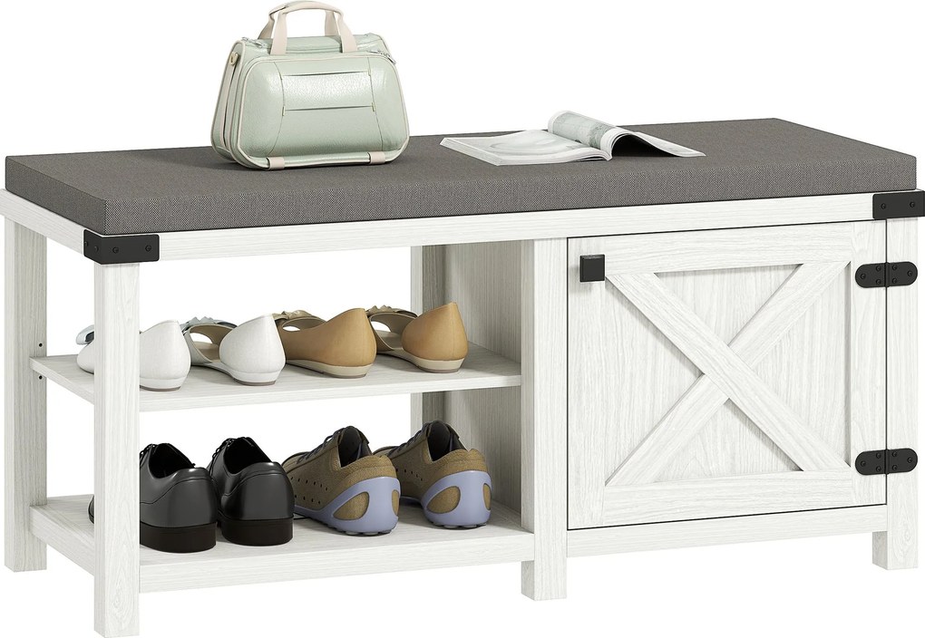 HOMCOM Rusztikus Cipőpad Cipőszervíz Pad Ülőkével Cipőtároló Pad Rekeszekkel 7 Pár Cipőhöz Előszoba Nappali Hálószoba 100x40x48 cm Fehér és Szürke | A