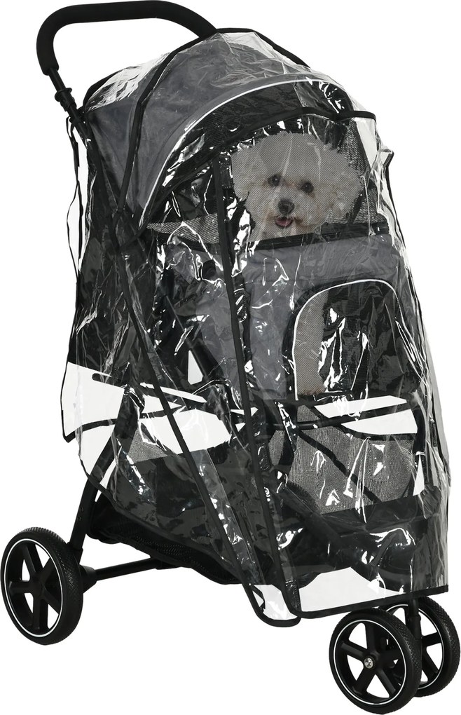 PawHut Kutya Babakocsi Állat Kocsival, Esővédővel, 2 Biztonsági Póráz, Macska Babakocsi Raktározó Kosárral, Összecsukható Kutya Esernyő Kicsi és Minia