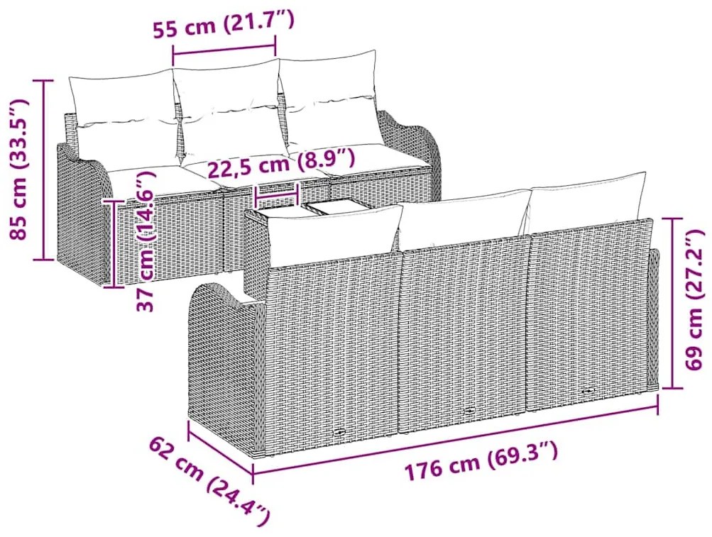 Kerti Kanapé Szett 7 pcs Fekete 55 x 55 x 37 cm Poli rattan