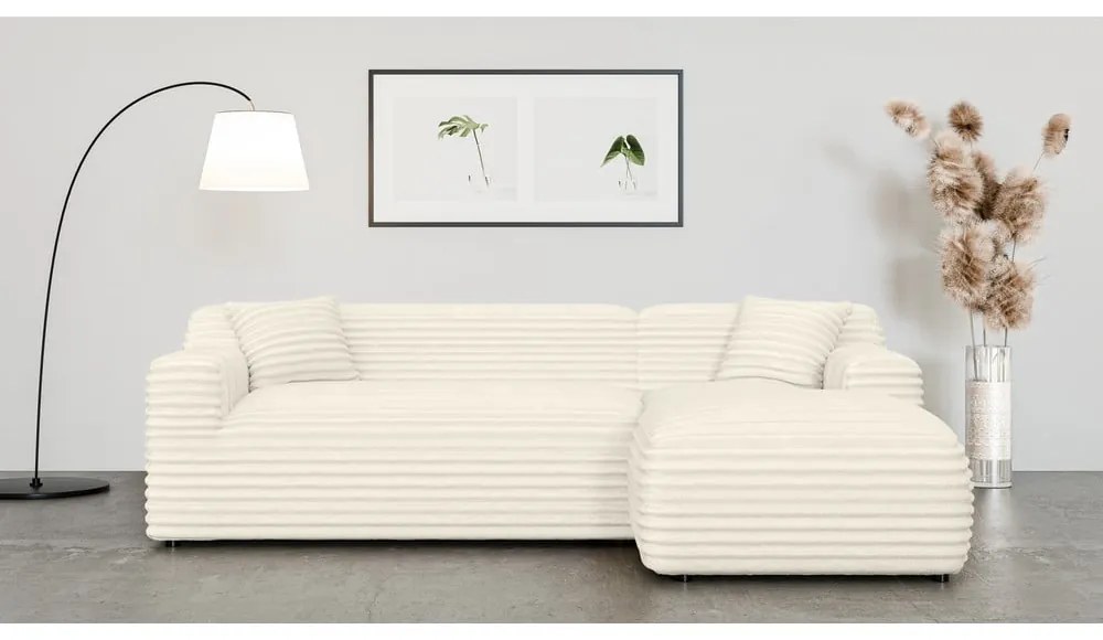 Krémszínű kordbársony sarokkanapé (jobb oldali-heverő résszel) Martin – Ropez