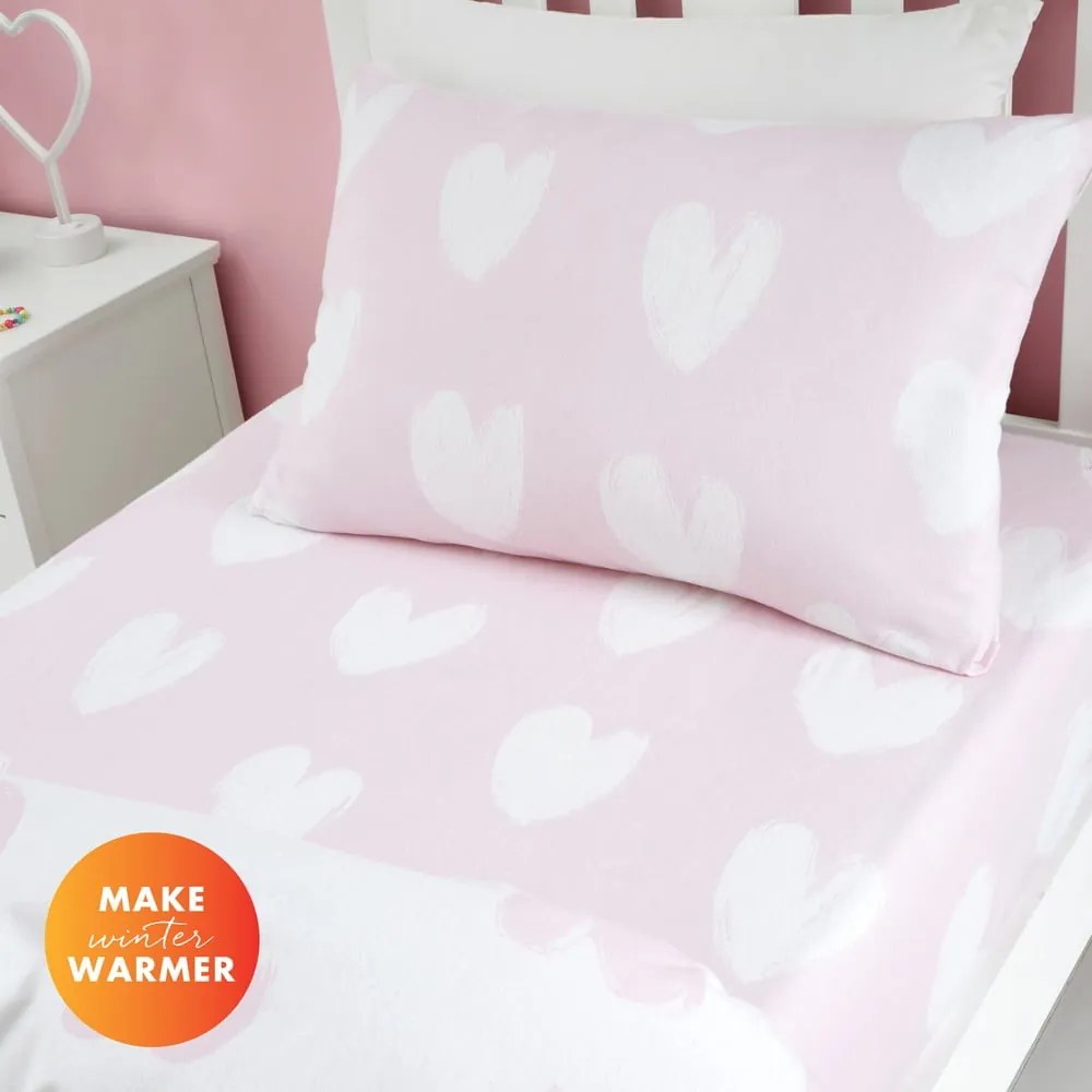 Rózsaszín gumis kétszemélyes flanel gyerek lepedő 135x190 cm Hearts – Catherine Lansfield