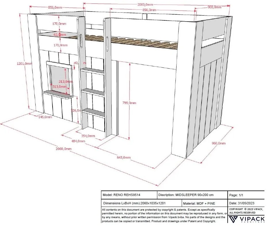 Fehér magasított borovi fenyő gyerekágy 90x200 cm RENO – Vipack