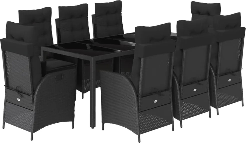 vidaXL 9 részes fekete polyrattan kerti étkezőgarnitúra párnákkal