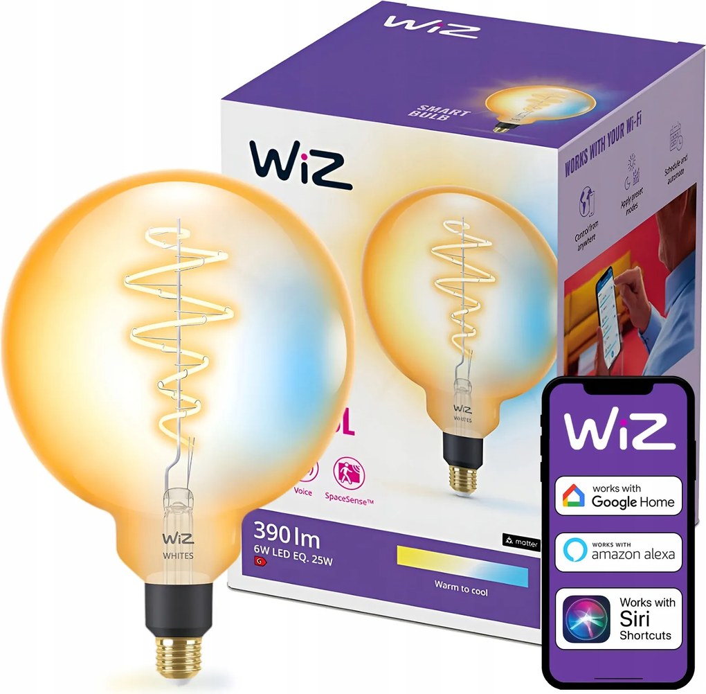 Led izzó E27 G200 6W 25W Filament Borostyán Smart WiFi Alkalmazás WiZ