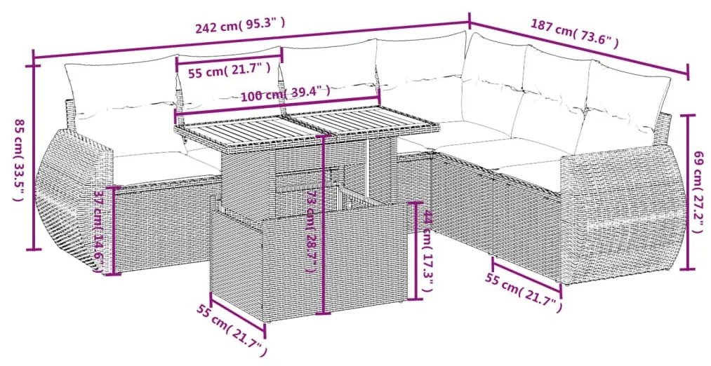 7 részes szürke polyrattan kerti ülőgarnitúra párnákkal