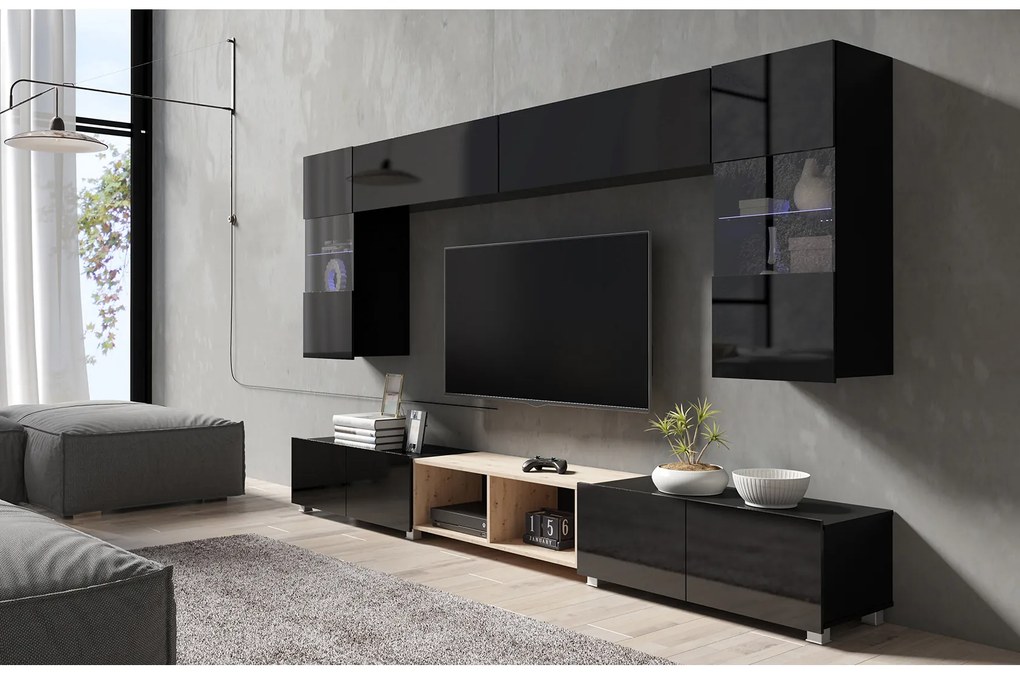 Nappali fal Calabria C24 BLACK (fekete + artisan tölgy) (világítás nélkül). 1051559