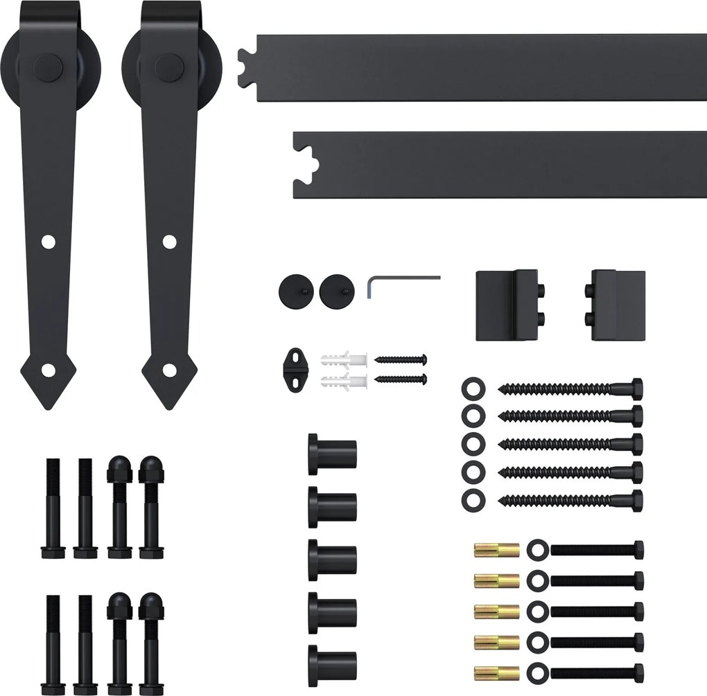 HOMCOM Csúszóajtó Hardver Készlet 200 cm Teljes Készlet Sínekkel, Görgőkkel, Antiszekér Eszközökkel, Ajtó Megállítókkal, Szénacél Fekete Csúszóajtó Re