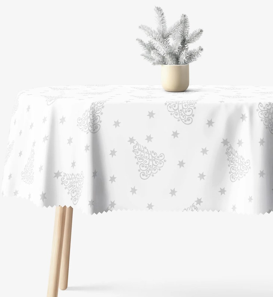 Goldea karácsonyi ovális teflonbevonatú asztalterítő - ezüstszínü karácsonyfák és csillagok 140 x 220 cm