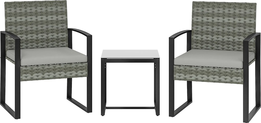 Outsunny PE-rattan bistro szett, 3 részes kerti szett 2 székkel, kisasztallal, levehető párnákkal, erkély/terasz, világosszürke | Aosom