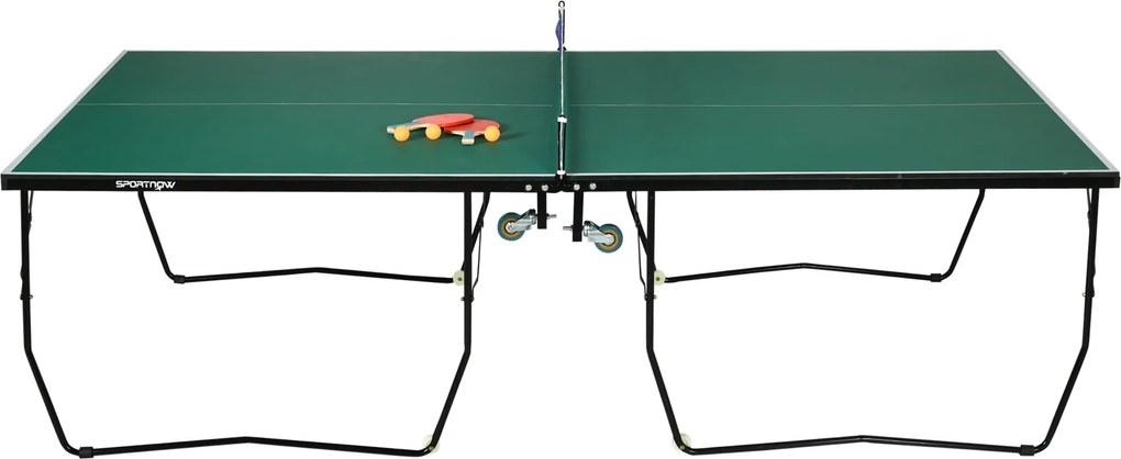 SPORTNOW Görgethető Asztali Tenisz Asztal, Összecsukható Asztal Tenisz Hálós Nettel, Kerekekkel, 2 Racket és 3 Labda, Acél, Zöld, Asztal Tenisz Asztal