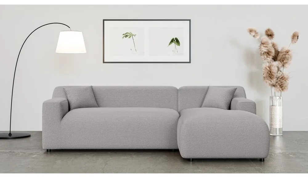 Világosszürke kordbársony sarokkanapé (jobb oldali-heverő résszel) Martin – Ropez