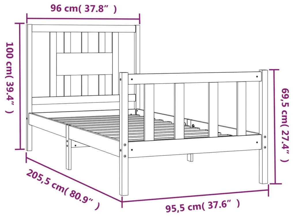 tömör fenyőfa ágykeret fejtámlával 90 x 200 cm
