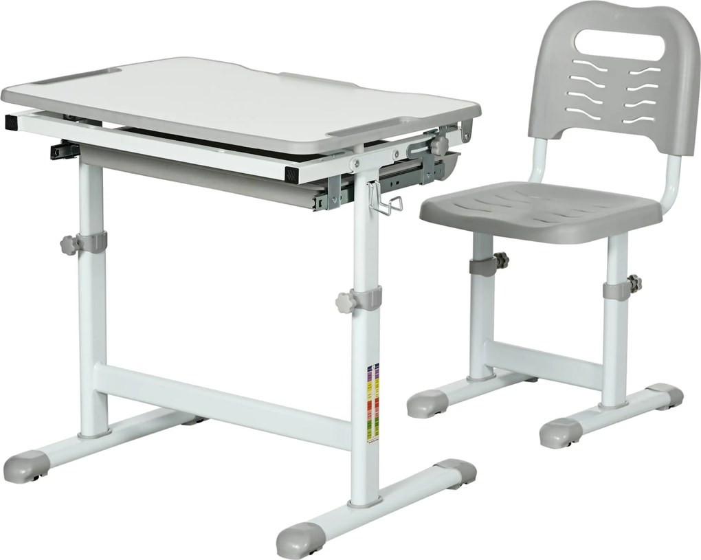 HOMCOM Magasságállítható Iskolai Íróasztal Gyerekeknek 6-12 Év, Íróasztal és Szék Szett 45°-ban Dönthető Asztallappal, Fiókkal, 2 Tolltartóval és Akas