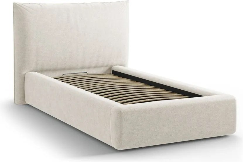 Krémszínű kárpitozott ágyneműtartós egyszemélyes ágy ágyráccsal 90x200 cm Kaelle – Micadoni