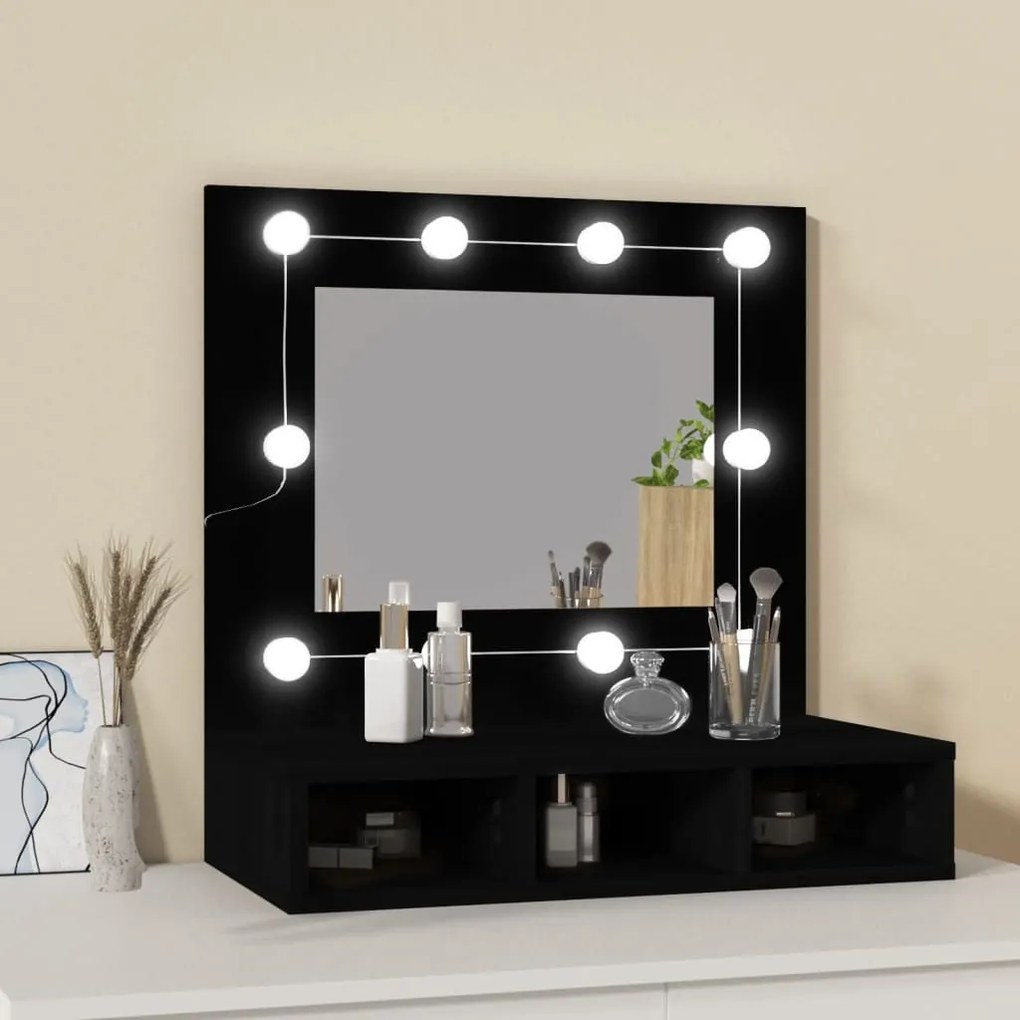 fekete tükrös szekrény LED-ekkel 60 x 31,5 x 62 cm