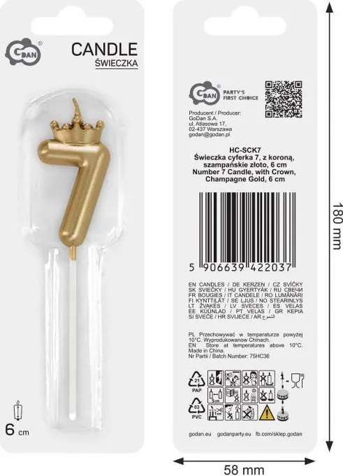 Arany Champagne Crown 7-es számgyertya, tortagyertya 6 cm