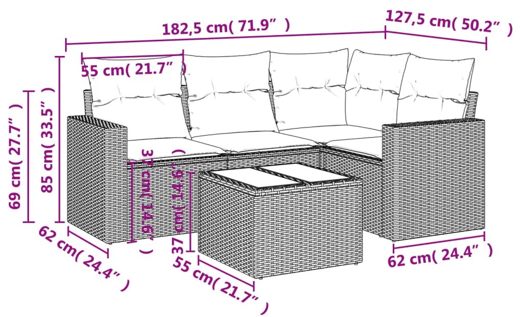 5 részes világosszürke polyrattan kerti ülőgarnitúra párnákkal