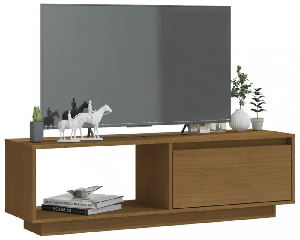 mézbarna tömör fenyőfa TV-szekrény 110 x 30 x 33,5 cm