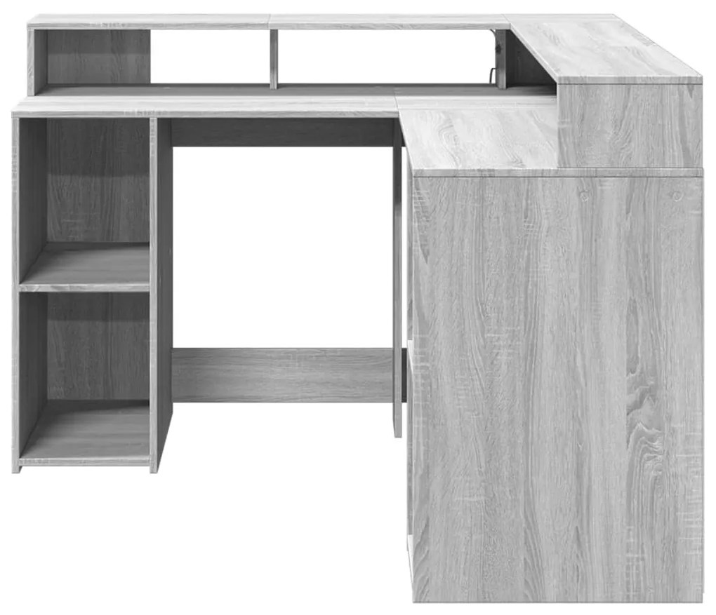 szürke sonoma színű szerelt fa LED-es íróasztal 130x130x91 cm