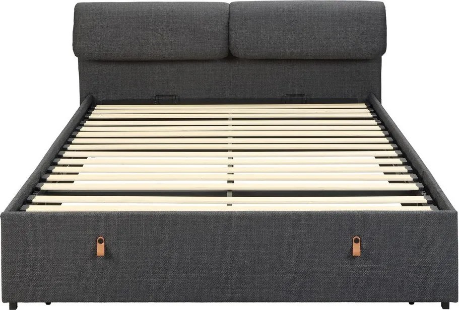 Sötétszürke kárpitozott ágyneműtartós franciaágy ágyráccsal 160x200 cm Calvi – Actona