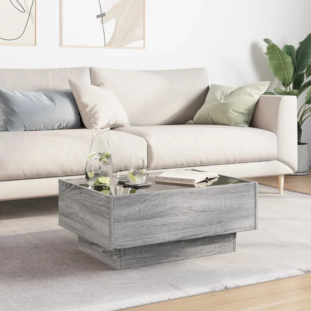 szürke sonoma szerelt fa dohányzóasztal LED-del 70 x 50 x 30 cm