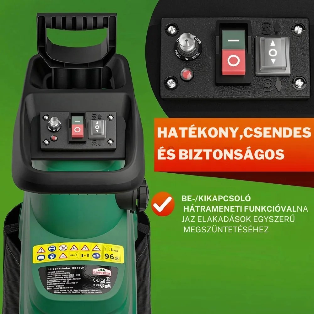 DIOX kerti aprítógép/aprító+2x 60l zsák, 3100W fekete/zöld Gardebruk