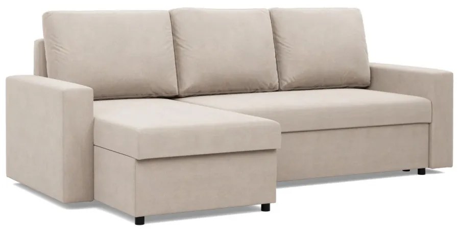 Zeus sarokkanapé, 2 ágyneműtartóval, egyenes kartámasz, bársony, univerzális oldal, hab töltet, bézs