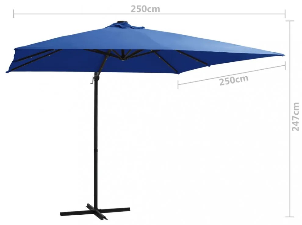 azúrkék konzolos napernyő LED-del és acélrúddal 250x250 cm
