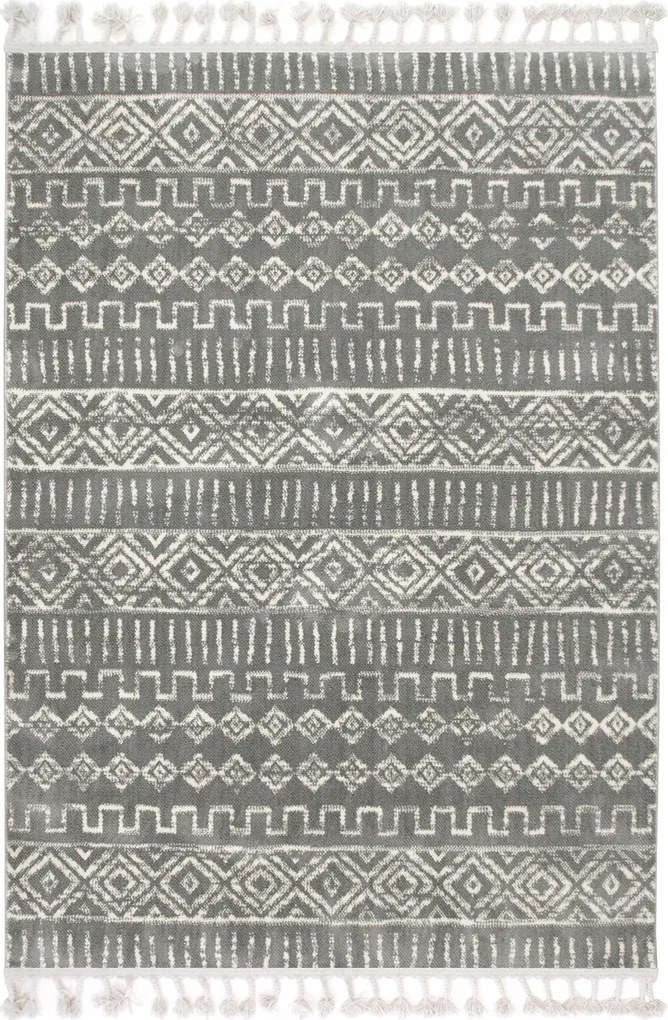 140x190 cm Geometrikus Puha Szőnyeg Azték Káró Szürke Rojtokkal