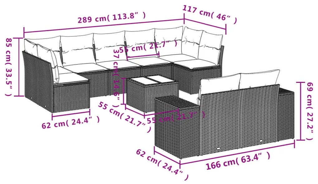 10 részes szürke polyrattan kerti ülőgarnitúra párnákkal