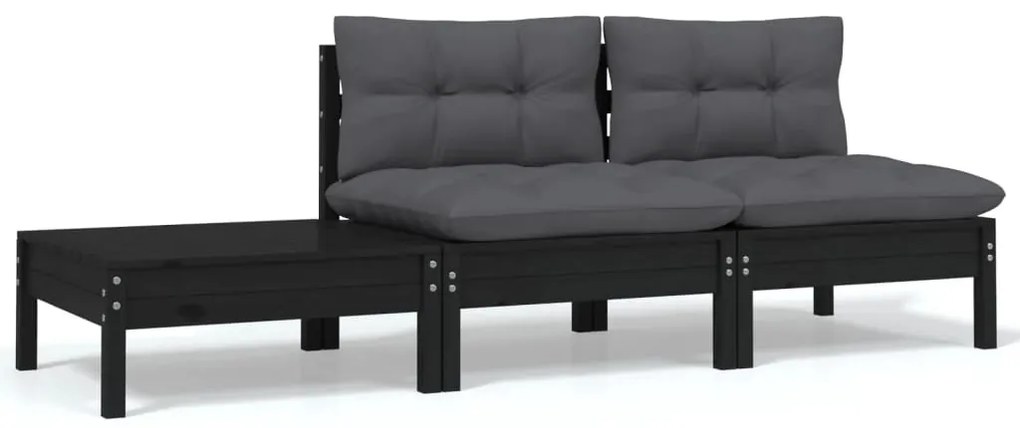 vidaXL 3 részes fekete tömör fenyőfa kerti ülőgarnitúra párnákkal