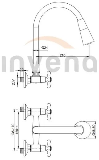 Invena Roma, falra szerelhető csaptelep rugalmas karral 150mm, bézs-króm, INV-BC-24-E3S-L