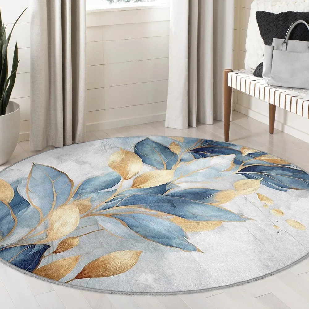 Kék-aranyszínű mosható kerek szőnyeg ø 100 cm Golden Leaves – Mila Home