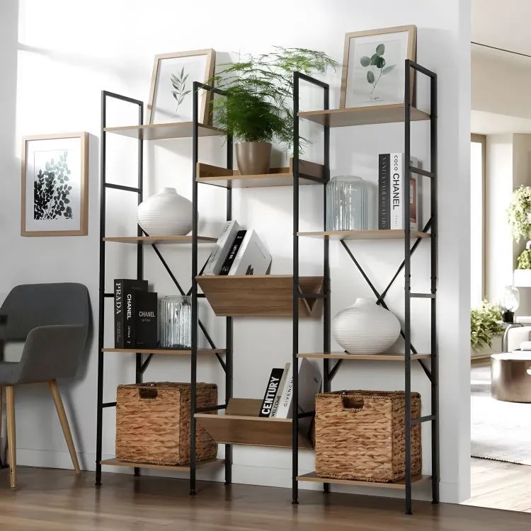 KÉSZLETKISÖPRÉS! Intenso Home nyitott könyvespolc rendszer / virágállvány 126 x 150cm, modern tölgy szín | Univerzális tároló állvány fém lábakkal