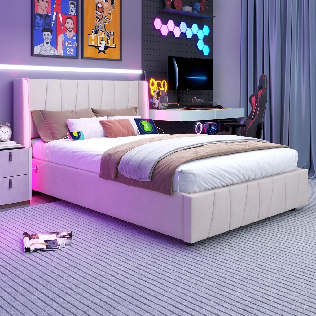 Franciaágy Kárpitozott ágy 140x200cm Led Usb Hidraulikus Bézs