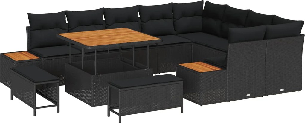 vidaXL Kerti Kanapé Szett párnával tárolóval 12 pcs Fekete Poli rattan