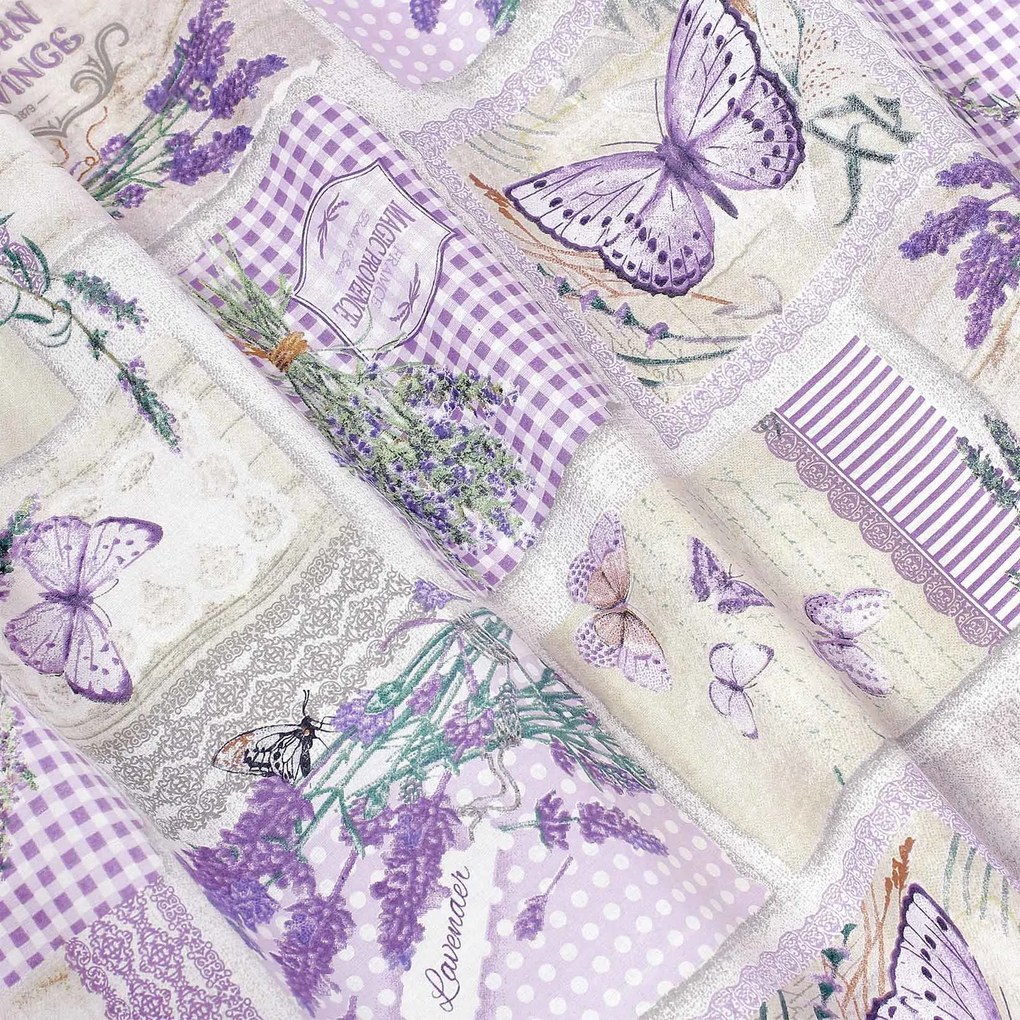 Goldea kör alakú pamut terítő - patchwork levandula és pillangó mintás Ø 110 cm