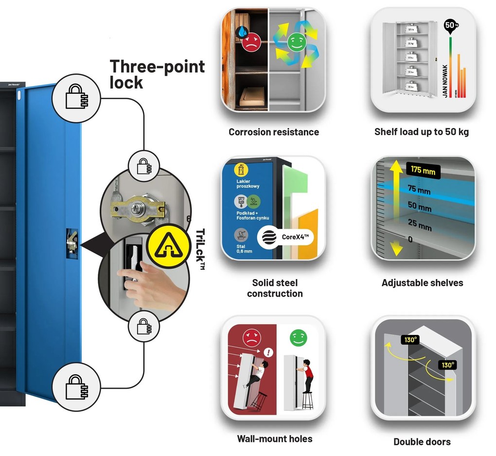Fém iratszekrény JAN, 900 x 1850 x 400 mm, antracit-kék