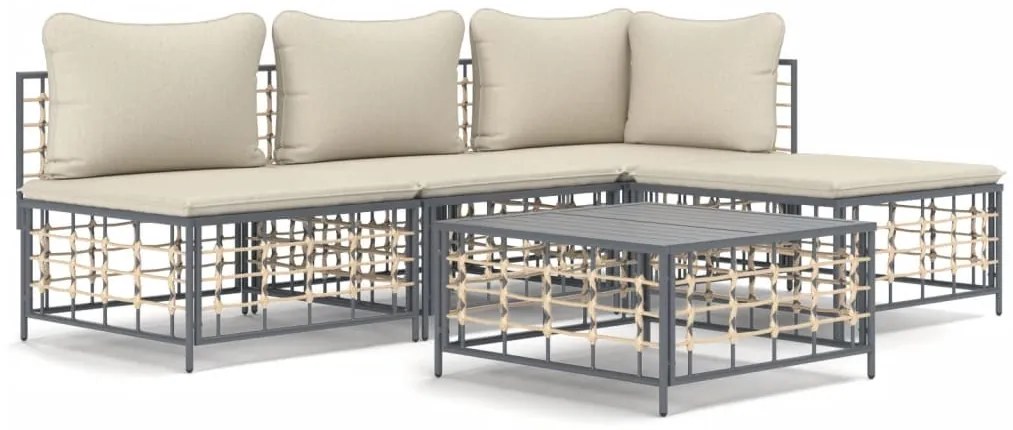 5 részes antracitszürke polyrattan kerti ülőgarnitúra párnákkal