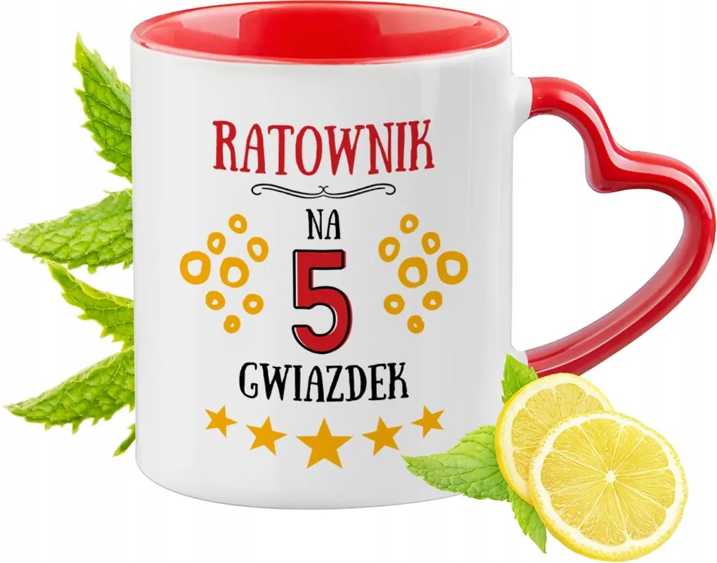 Piros bögre szív alakú füllel a mentősnek ajándékba