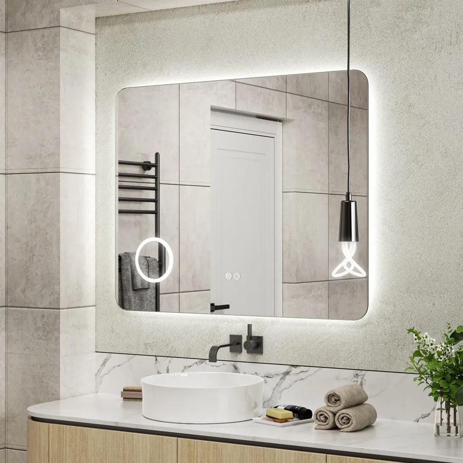 Erga Myra, LED tükör 100x80 cm kozmetikai tükörrel, 3x nagyítás, 4114 lm, 3 fényszín, háttérvilágítás, ERG-V01-MYRA-1080-00