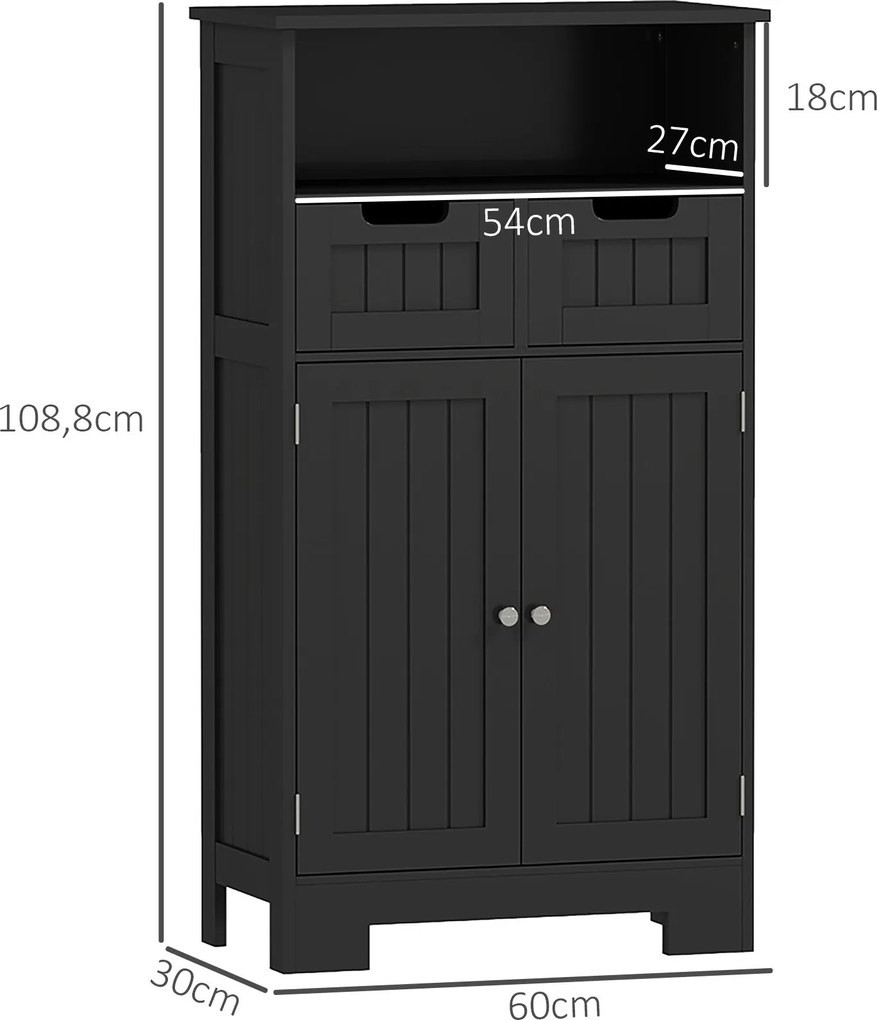 Kleankin Fürdőszoba Szekrény, Tároló Szekrény 2 Fiókkal, Niche, Ajtós Gardrób, Állítható Polc, Fürdőszoba Szekrény, Konyha, Nappali, 60 x 30 x 109 cm,
