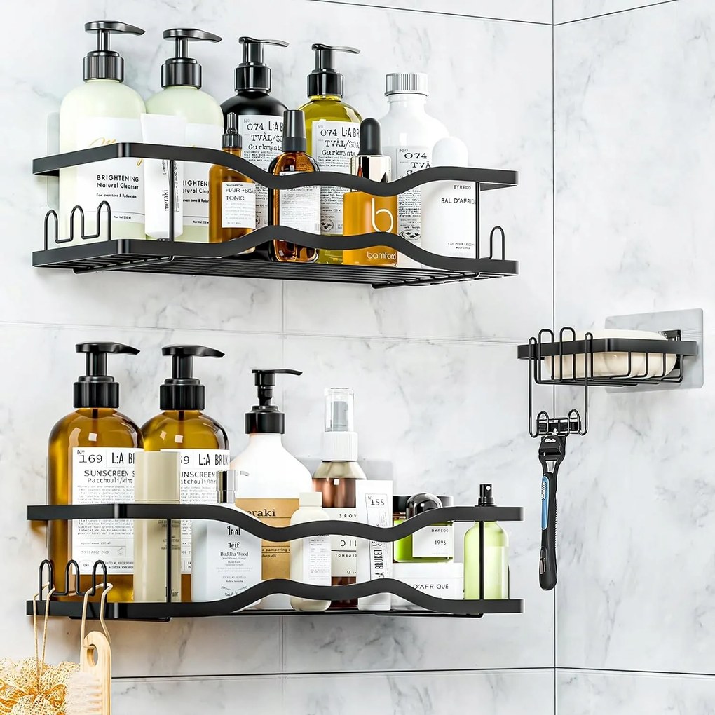 3 Db-os Zuhanypolc Szett Fúrás Nélkül Rozsdamentes Acél Black Amcetop