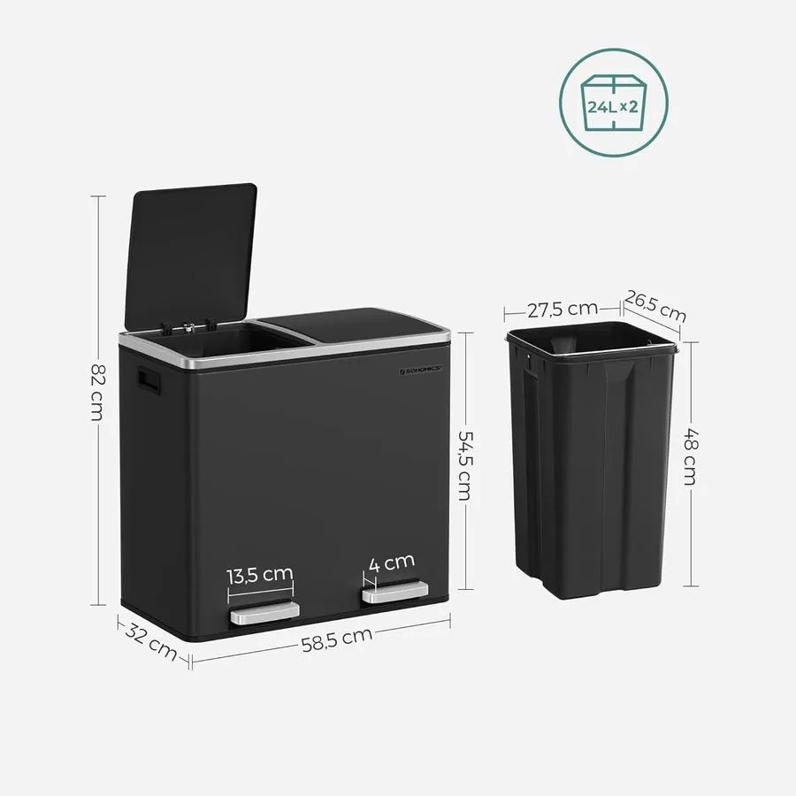 Dupla szemetes, 2 x 24 literes, 2 rekesszel, fekete