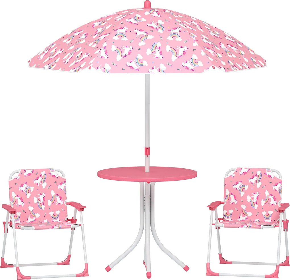 AIYAPLAY 4 részes gyerek kerti asztal- és szék szett — összecsukható székek, levehető napernyő, unikornis és szivárvány mintás, rózsaszín | Aosom