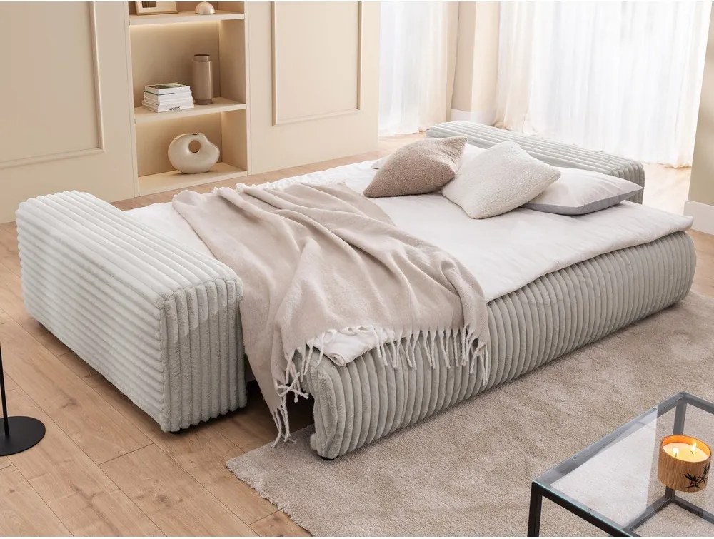 Világosszürke kordbársony kinyitható-tárolóhelyes kanapé 260 cm Justin – Ropez