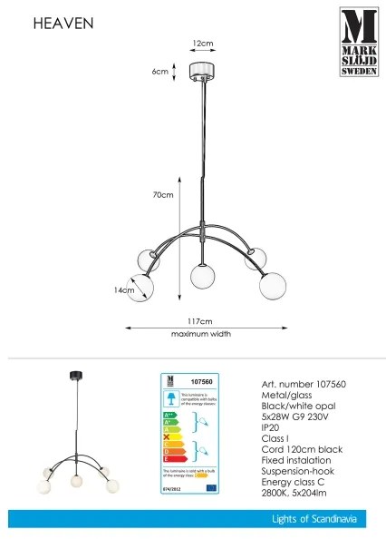 Markslöjd 107560 - Csillár zsinóron HEAVEN 5xG9/28W/230V