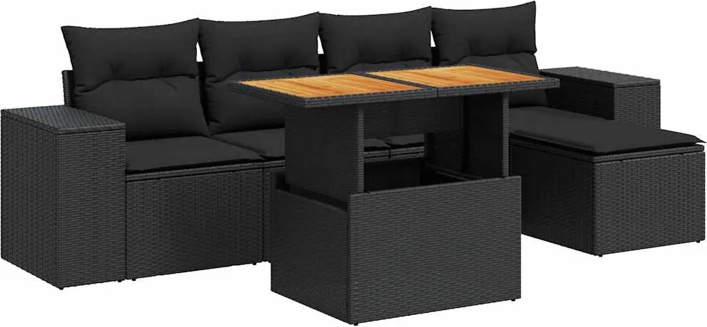 vidaXL 6 részes fekete polyrattan kerti ülőgarnitúra párnákkal